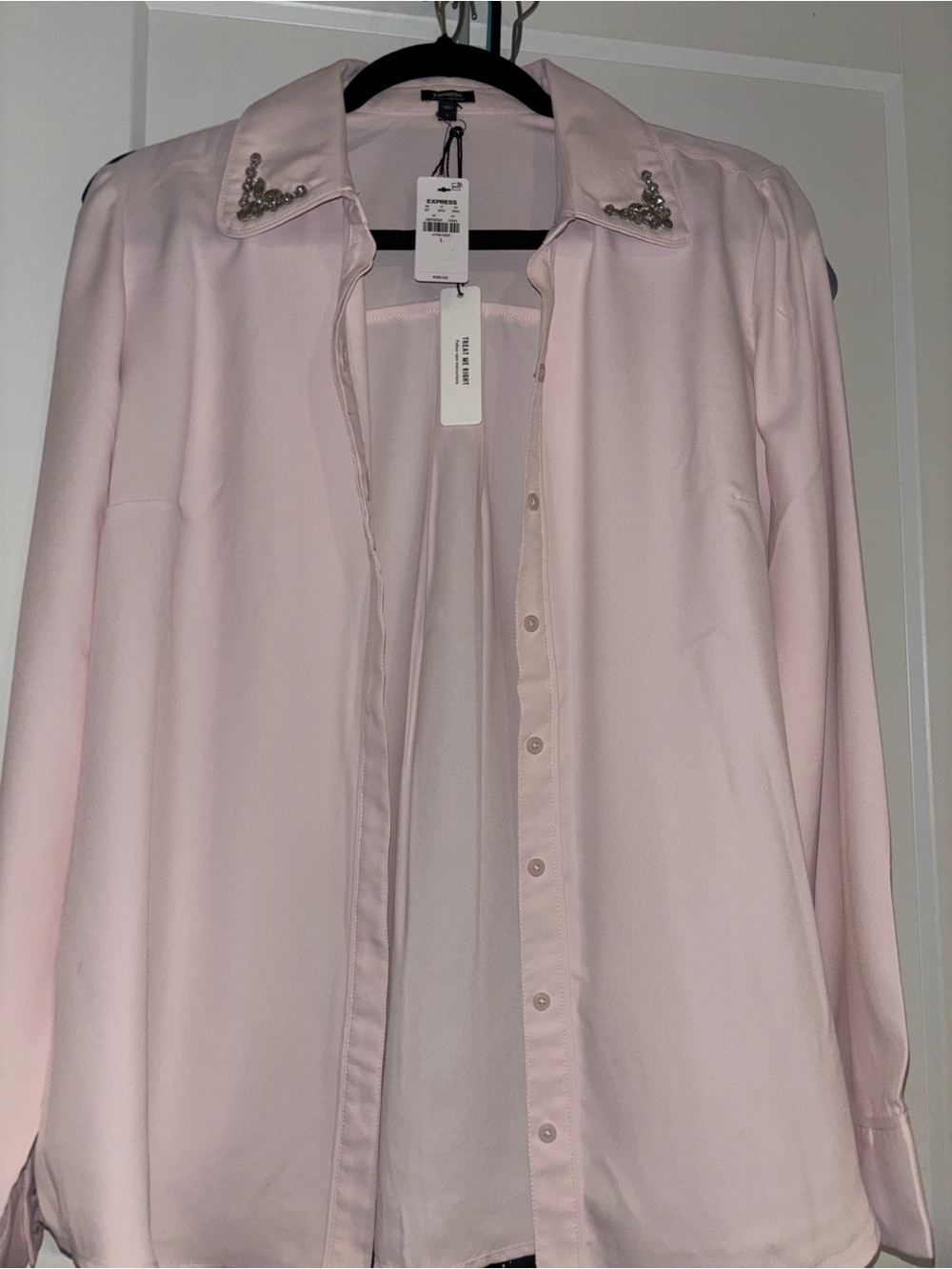 Express Light Pink Embellished Collar Button-Up Shirt - Women